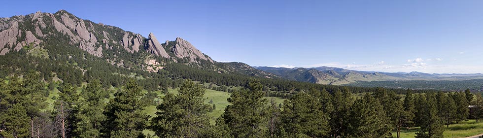 A panorama of the Flatirons in Boulder, Colorado, setting of the Heliophysics Summer School.