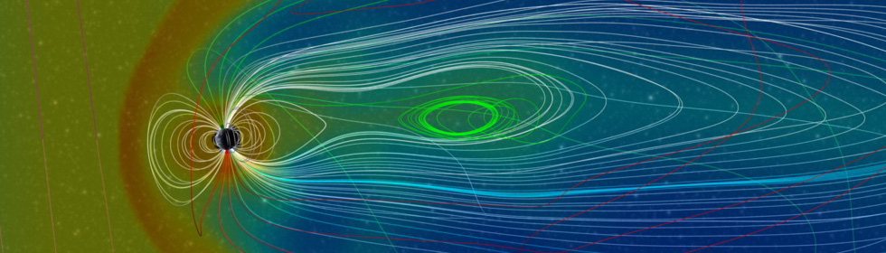 Frame from a visualization of Earth’s magnetosphere as it reacts to a CME released on July 12, 2012, showing significant changes to the magnetic field’s configuration.