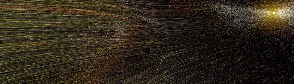 A constant outflow of solar material, the solar wind, streams out from the Sun, depicted here in an artist's rendering.