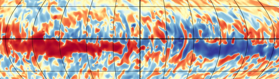 Snapshot of the azimuthal magnetic field achieved in one of the global solar dynamo simulations produced at the University of Colorado Boulder Department of Astrophysical and Planetary Sciences. 