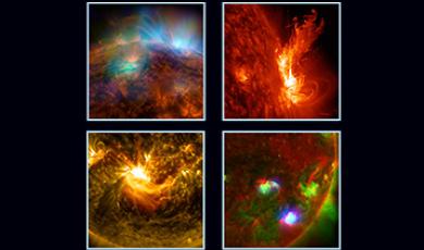 collage of 4 NASA sun images on black background